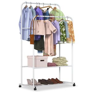 Porte-vêtements à roulettes avec support de présentation pour oreillers, rail de rangement pour chaussures et vêtements - Product Image 1