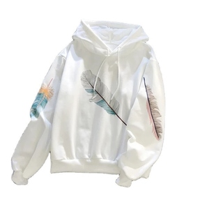 Women's White Hooded Sweatshirt Full Sleeve Printed <b>Feather</b> Design Casual Knitted <b>Top</b> for Autumn Wear - Product Image 1