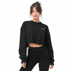 Sweat-shirts courts à épaules tombantes et effet usé pour femme, col rond, manches longues, broderie, style streetwear, en molleton polyester/coton - Product Image 1