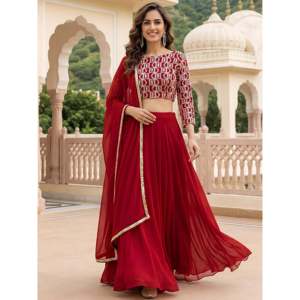 <b>Red</b> Embroidered Georgette Plus Size <b>Lehenga</b> Choli for <b>Wedding</b> - Product Image 1