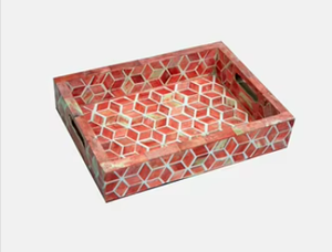 Bandeja de Servir Rectangular Decorativa de Lujo Hecha a Mano con Incrustaciones de Hueso en Patrón Cúbico 3D Naranja y Blanco, Elegante y Moderna para Café - Product Image 4