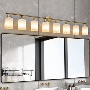 Applique da Parete Moderna a 8 Luci, 52 Pollici, Finitura Dorata con Paralumi in Vetro Satinato per Illuminazione Bagno e Corridoio, Lampadine Non Incluse - Product Image 1