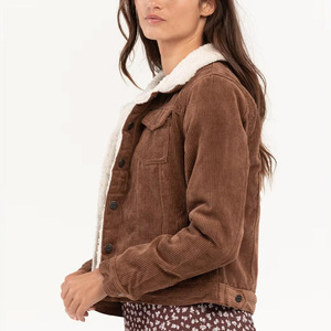 Women's Corduroy Trucker <b>Jacket</b> With Faux Fur Lining Dark Brown Color Full Sleeve Regular Fit Autumn Style - Product Image 3