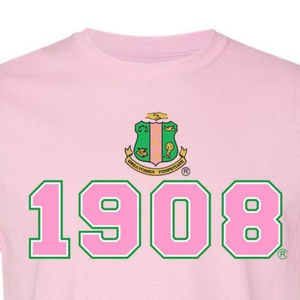 Camiseta AKA 1908 Crest, color rosa claro, algodón de primera calidad, cuello redondo, manga corta, ropa de hermandad griega, camiseta con logotipo bordado personalizado - Product Image 4