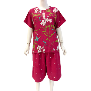 Ensemble deux pièces décontracté pour femme, imprimé floral, en coton et fibre de bambou, manches courtes, coupe ample, taille élastique, col rond, idéal pour l'été - Product Image 3