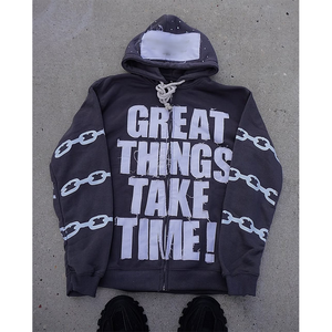 Sweat à capuche brodé avec appliques personnalisées Veste zippée en strass Lavage à l'acide Vintage Washed Men Fleece Streetwear Hoodie - Product Image 2