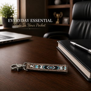 Porte-clés artisanal en cuir marron perlé avec motif tribal turquoise, accent floral gravé, fermoir robuste, style western bohème - Product Image 2