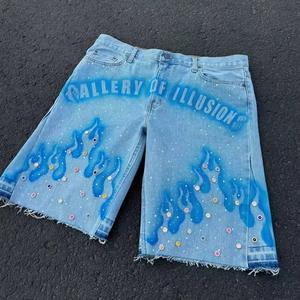 Shorts en jean baggy surdimensionnés personnalisés pour hommes, imprimé lettres, longueur genou, tricot noir, délavé soleil, effet acide, vintage - Product Image 3