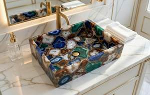 Vasque de salle de bain moderne en résine polie effet marbre et quartz, résistante à l'eau, facile à nettoyer, accessoire de luxe pour la maison - Product Image 3