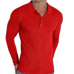 Polo en tricot à manches longues pour homme, gris foncé uni, décontracté, boutonné, coupe ajustée - Product Image 2