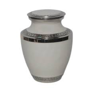 Urna Funeraria de Latón Macizo Hecha a Mano de Alta Demanda, Acabado Elegante en Blanco Perla con Bandas Grabadas en Plata Pulida, Urna Metálica para Adultos - Product Image 1