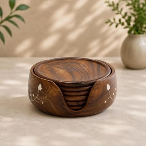Handcrafted Floral Inlay Wood <b>Coaster</b> <b>Set</b> of 6 with Holder Round Wooden Drink <b>Coasters</b> for Coffee Table Luxury Home Decor Gift - Product Image 3