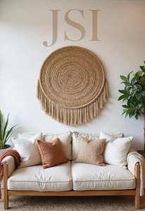 Décoration murale bohème en jute tissée ronde avec pompons, naturelle, pour salon - Product Image 4