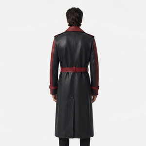 <b>Men</b> Button Leather Breasted Trench <b>Coat</b> 100% PU Leather Turn-Down-Collar Leather <b>Long</b> <b>Coat</b> <b>Mens</b> Leather Overcoat With Waist Belt - Product Image 2