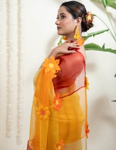 KV Women's Surajmukhi Yellow Organza Silk <b>Saree</b> Without Blouse - Product Image 1