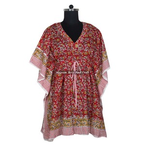 Kaftan en coton imprimé à la main XL, style indien KFCS121, Abaya à manches courtes, mode Dubaï, design maxi fait main pour les fêtes - Product Image 2
