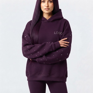 Sweat à capuche oversize pour femme, à épaules tombantes, manches longues, couleur unie, logo personnalisé en strass sur le devant, en molleton de coton - Product Image 2