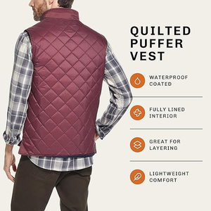 Chaleco acolchado de hombre con diseño de rombos, cuello alto, sin mangas, color burdeos, con cremallera completa, estilo moderno. - Product Image 4