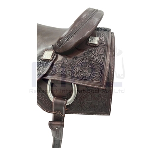 Sillín de cuero inglés occidental hecho a mano con asiento acolchado, tapetes florales tallados para montar a caballo, brida de plástico, listo para enviar. - Product Image 3
