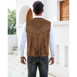 Gilet en cuir suédé vintage pour homme, style western cowboy, avec franges et pompons, boutons-pression, décontracté, OEM - Product Image 3