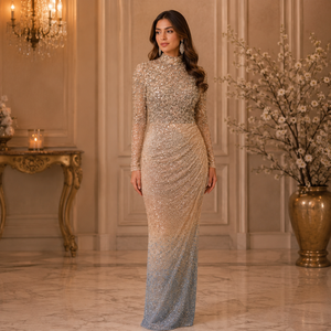 Women Champagne <b>Sequin</b> Wedding Maxi Dress High Neck Long Sleeve Ruched Ombre Embellished Bridal Gown Formal Reception Evening - Product Image 4