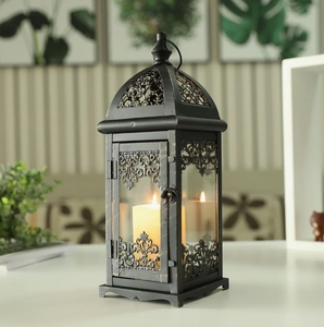 Decorative Metal Candle <b>Lantern</b> with Intricate Filigree Details Antique <b>Black</b> Vintage Style Tabletop Hanging Light for Home - Product Image 3