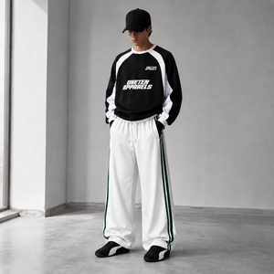 ONETEN APPARELS Men's Black <b>White</b> Windproof Printed Raglan Sleeve <b>Sweatshirt</b> Set Full Length Drawstring Pants Loose Fit - Product Image 6