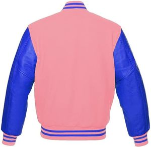 เสื้อแจ็คเก็ตเบสบอลแบบวาร์ซิตี้สีฟ้าลายทาง แต่งแพทช์การ์ตูน คอตั้ง ผ้าขนสัตว์สีชมพูอ่อน แบบของที่ระลึก - Product Image 2
