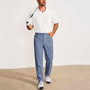 Pantalon de golf bleu clair pour homme, couleur unie, respirant, en coton tissé, décontracté, fermeture boutonnée - Product Image 3