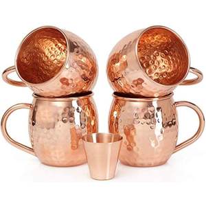 Ensemble de 4 tasses à Moscow Mule en cuivre martelé faites à la main avec verre à shot, tasse en cuivre pur de 16 oz de qualité alimentaire pour la bière, les cocktails, le café - Product Image 1