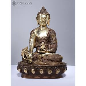 Sculpture en laiton de 12 pouces de bouddha de la médecine avec des symboles Ashtamangala sur une œuvre d'art historique élégante - Product Image 2