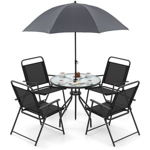 Set da Pranzo da Giardino 6 Pezzi con Sedie Pieghevoli, Tavolo in Vetro e Ombrellone Inclinabile - Product Image 1