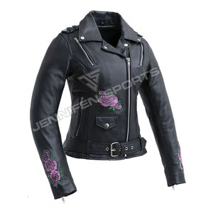 Chaqueta de Motocicleta Clásica de Cuero Vacuno para Mujer, Cuero de Alta Calidad con Técnicas de Bordado Floral, Talla Grande - Product Image 1
