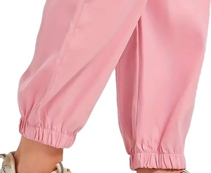 Women Pink Cargo Pants Mid Waist Elastic Loose Fit <b>Ankle</b>-Length Solid Color Cotton Casual Spring Style With Pockets - Product Image 3