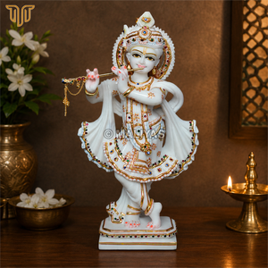 Marble Krishna Statue | Handcrafted Lord Krishna Playing Flute Murti | White Marble Krishna Idol | MALIYAS - Product Image 1