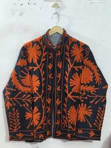 Blazer de Mezclilla Tejida con Cuello Mandarín Azul Marino para Mujer, con Bordado Floral Naranja, Manga Larga, Transpirable, Ropa de Abrigo para Otoño - Product Image 5