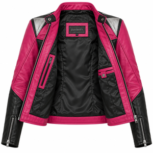 Pink Leather Jacket <b>Womens</b> Black Contrast Silver Shoulder Biker Fit Zipper Cuff Custom Racer <b>Outerwear</b> Track Coat Brand Darkry - Product Image 5