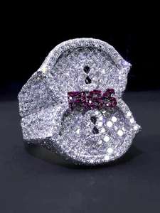 Custom Number Iced Out <b>925</b> Sterling <b>Silver</b> Cocktail <b>Ring</b> Round Cut VVS Moissanite Diamond Pave Setting Hip Hop Men's Wear <b>Ring</b> - Product Image 2