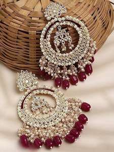 Boucles d'oreilles de luxe Kundan Chandbali avec perles, bijoux traditionnels indiens pour mariage, vente en gros, boucles d'oreilles Meenakari incrustées de perles pour femmes - Product Image 6