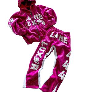 Conjunto de sudadera acampanada con parche bordado desgastado personalizado para hombre, Sudadera con capucha lavada con diamantes de imitación y lavado ácido, chándal de talla grande lavado - Product Image 1