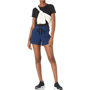 Shorts décontractés pour femmes, bleus, taille haute, élastique, respirants, en tricot 100% coton, avec poches, coupe ample - Product Image 1