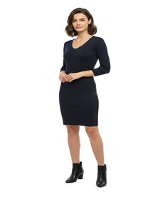 Vestido de Punto Ajustado para Mujer, Textura Acanalada, Cuello en V, Manga Larga, Largo hasta la Rodilla, Estilo Casual para Uso Diario, Color Sólido, Atuendo Chic - Product Image 3