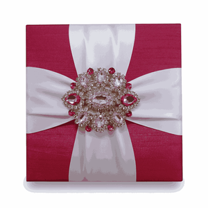 Duallush Designs Luxury Raspberry Pink Silk <b>Wedding</b> Invitation <b>Box</b> Cross Satin Ribbon Crystal Brooch Matching <b>Card</b> Chocolate - Product Image 1