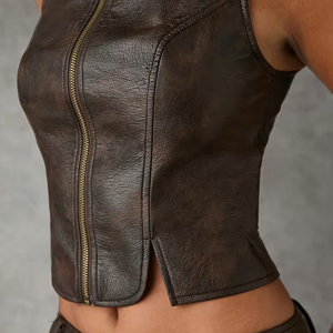 Ensemble deux pièces en cuir PU vintage sans manches, durable, léger, personnalisé, nouvelle arrivée, pour femmes, tenue de club, prix de gros - Product Image 5