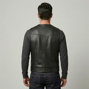 Men's Black Genuine Leather <b>Biker</b> Vest V-Neck Sleeveless <b>Waistcoat</b> with Belt - Product Image 5