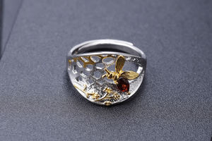 Anillo de cóctel vintage AMBER JEWELS T-1476 con insecto, oro macizo de 18K chapado en rodio, engaste de piedra natural, unisex, para compromiso - Product Image 2