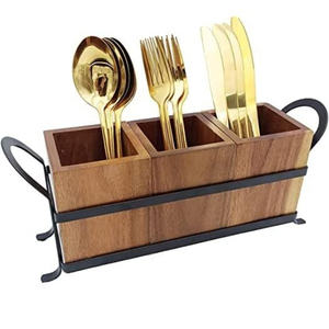 Porte-couverts en bois fait main de grande qualité, design vintage, porte-couverts à 2 sections pour la table, porte-couverts décoratif - Product Image 4