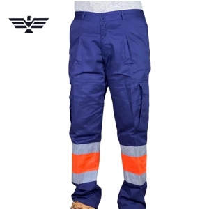 Pantalon de travail réfléchissant en polyester bleu marine fluorescent haute visibilité avec bandes de sécurité orange - Product Image 1