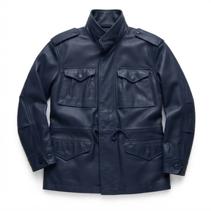 Veste de chasse d'hiver en cuir de vache véritable pour homme, noire, col montant, à capuche, matelassée, grande taille, manteau en cuir véritable, vente en gros OEM - Product Image 3
