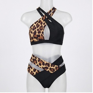 Ensemble bikini 2 pièces imprimé léopard pour femme, haut croisé à nouer, bas taille haute, maillot de bain extensible - Product Image 1